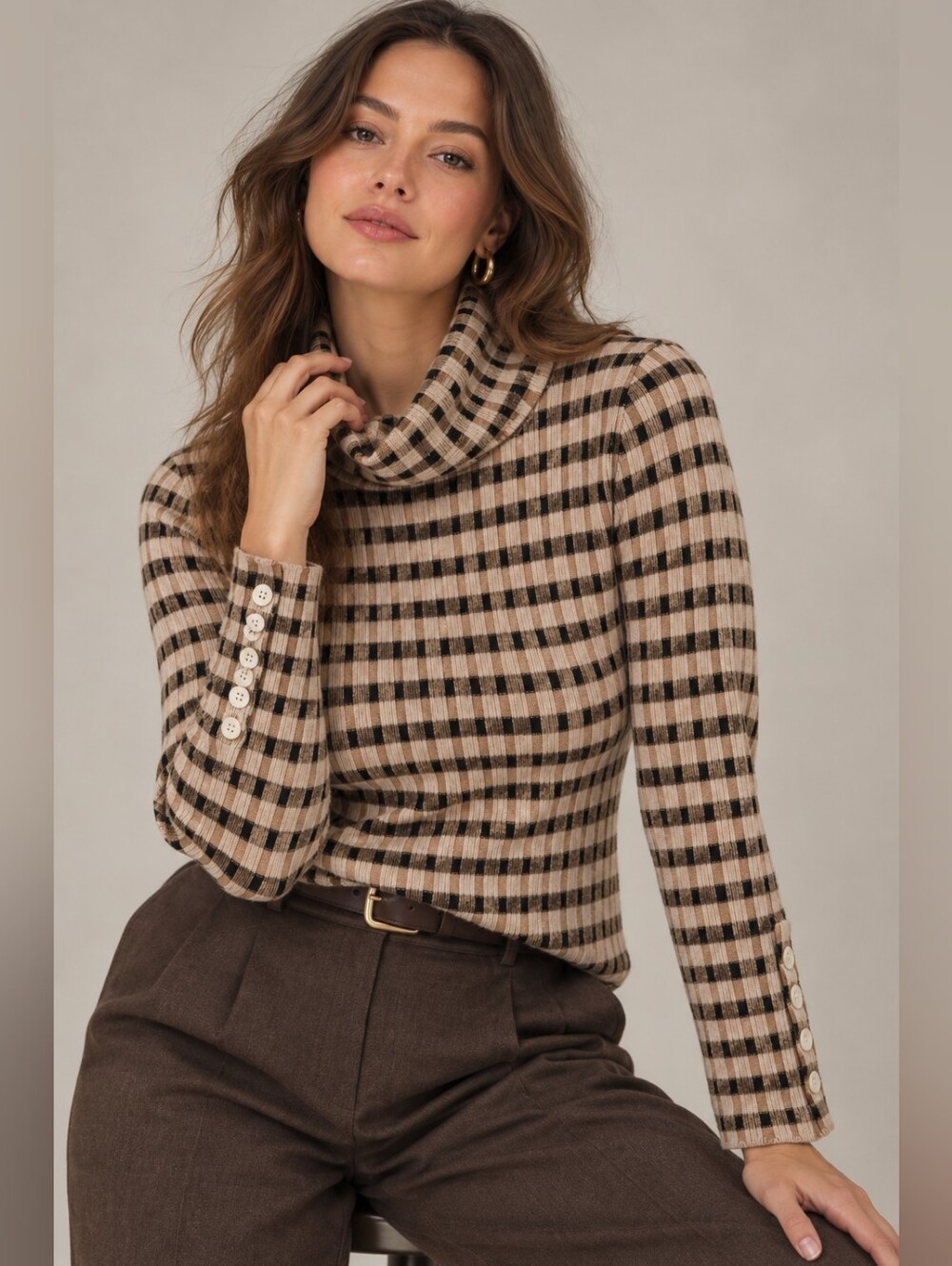 Maeve Anthropologie Sweater Large Fitted Stretch Plaid Cowl Neck Brown Black